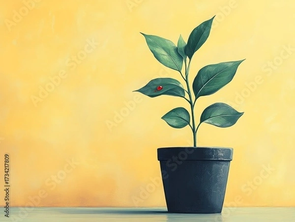 Fototapeta Vibrant green plant in a dark pot, featuring a red dewdrop on a leaf, stands against a yellow background, evoking natural growth, simple beauty, and a minimalist artistic hope.