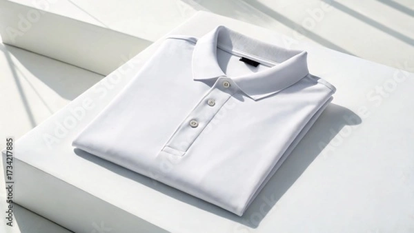 Fototapeta Crisp white folded polo shirt resting on a modern, stepped white background with soft shadows, showcasing its clean design and premium fabric texture for elegant style