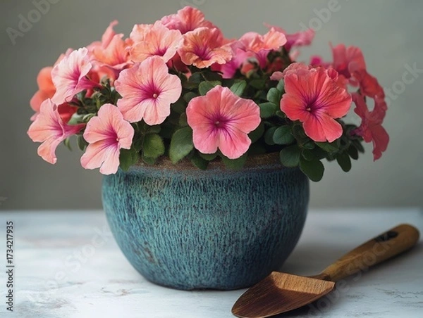 Fototapeta Vibrant Pink Blooming Flowers in a Textured Teal Ceramic Pot with a Golden Gardening Trowel. Fresh Floral Display, Rustic Charm, and Home Decor for Spring and Summer.