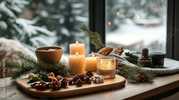 Fototapeta Festive table with candles, pine branches, holly leaves, snowy scene outside window, cozy and warm holiday atmosphere