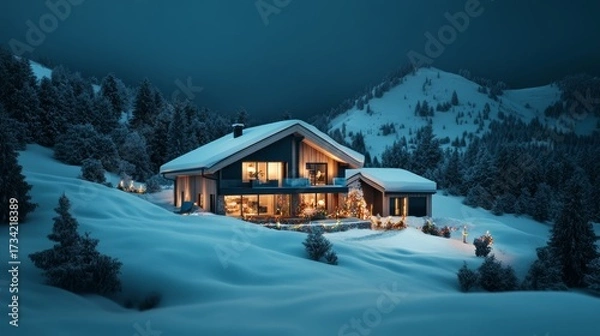 Fototapeta House with snow-covered roof, decorated with colorful lights, soft glow illuminating scene, cozy festive winter atmosphere