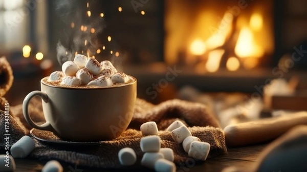 Fototapeta Mug of hot cocoa with whipped cream, sitting on wooden table, fireplace in background, cozy winter scene