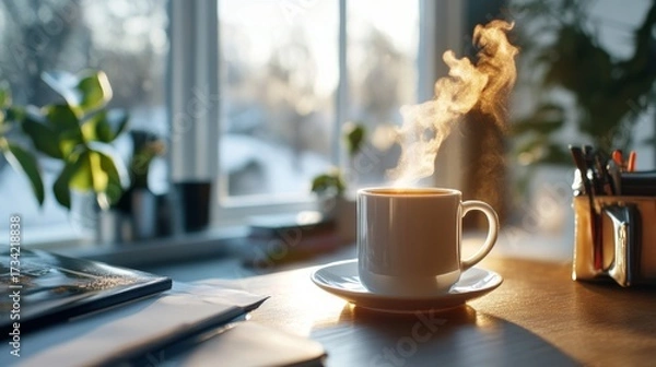 Fototapeta Steaming mug of tea on table, snowy window view, soft lighting, cozy winter scene