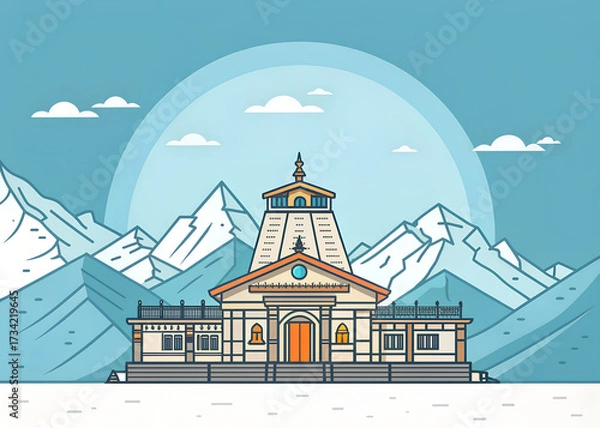 Fototapeta Minimalist flat design of Kedarnath Temple in Himalayas.