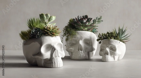 Obraz Minimal Still Life of Porcelain Skull Planters with Succulents