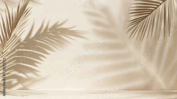 Fototapeta A serene composition featuring palm leaves casting soft shadows on a neutral background, creating an elegant and calming atmosphere.