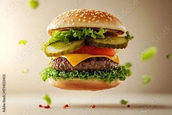Fototapeta Ultra realistic professional food photography of a classic American cheeseburger deconstructed into floating layers, sesame bun top, melted cheese, juicy beef patty, fresh lettuce, tomato slices, pick