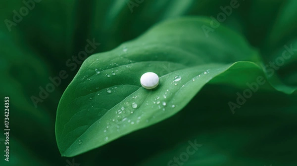 Fototapeta Single white homeopathic globule, natural herbal medicine pill, resting on pristine large green leaf with dew. calm concept for wellness, healing, and alternative therapy