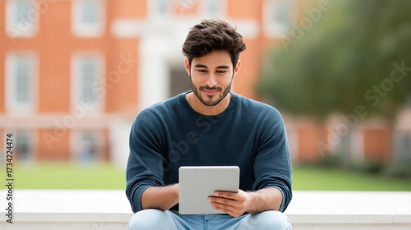 Fototapeta Confident young student man focused on education and learning with tablet on college campus. Using modern technology for studying outdoor, person looks calm and engaged
