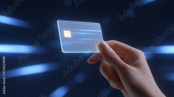Fototapeta Hand holding transparent credit card with visible microchip, futuristic concept for digital payment. Modern technology for secure finance, shopping and electronic banking