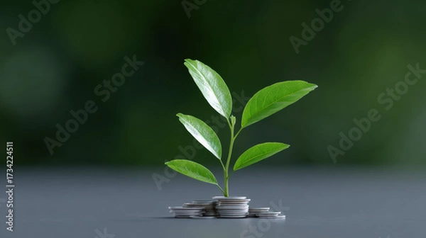 Fototapeta Green seedling plant showing hopeful business growth from money. concept for finance, saving, and investment success representing new beginning and opportunity