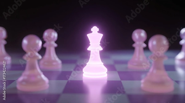 Fototapeta Glowing king piece on chessboard represents unique leadership strategy and power concept. Surrounded by pawn pieces, luminous figure radiates powerful light