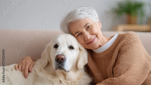 Fototapeta Calm and happy elderly woman smiling warmly, hugging pet dog companion. Senior person and golden retriever relaxing together on comfortable sofa in living room