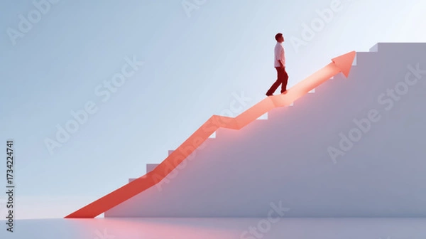 Fototapeta Ambitious man walking up stair with glowing red arrow, powerful concept of business growth, career success, and hopeful future full of personal achievement