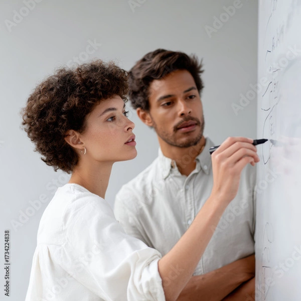 Fototapeta Focused diverse entrepreneur man and woman in teamwork and collaboration. business team sketching new idea during planning session on whiteboard, showing concentration
