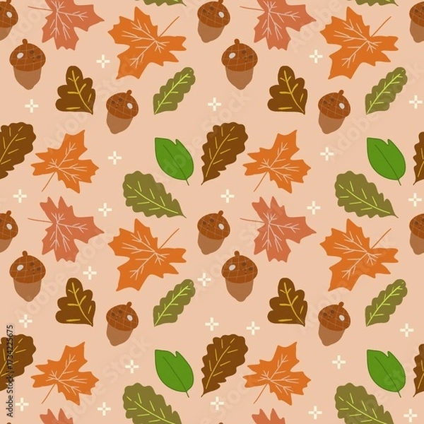 Fototapeta Autumn Seamless Pattern with Maple Leaves, Oak Leaves and Acorns