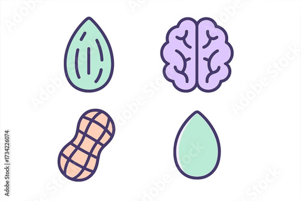 Fototapeta Almond, peanut, and brain symbols representing healthy eating, mental well-being, and cognitive function