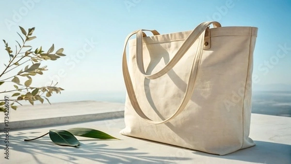 Fototapeta A blank cream-colored canvas tote bag mockup sits on a sunny balcony ledge, ideal for sustainable branding and design presentation