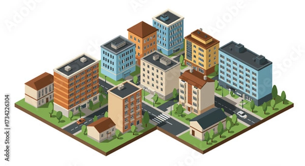 Fototapeta Isometric city block with colorful buildings and streets