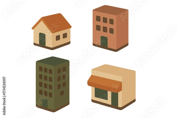 Fototapeta Stylized isometric buildings including home, apartment blocks, and commercial shop for urban and suburban design concepts