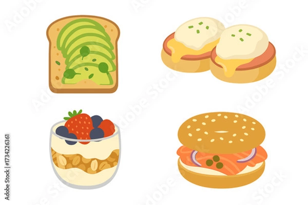 Fototapeta Delicious breakfast and brunch food items including avocado toast, eggs benedict, yogurt parfait, and lox bagel
