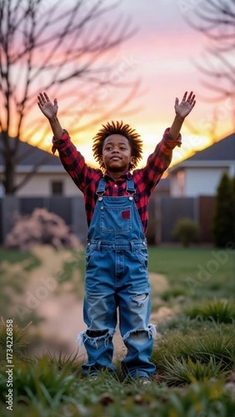 Fototapeta Boy wearing zombie costume standing on grassy field with arms raised. Concept of joyful Halloween celebration with warm sunset, houses, tree in background.