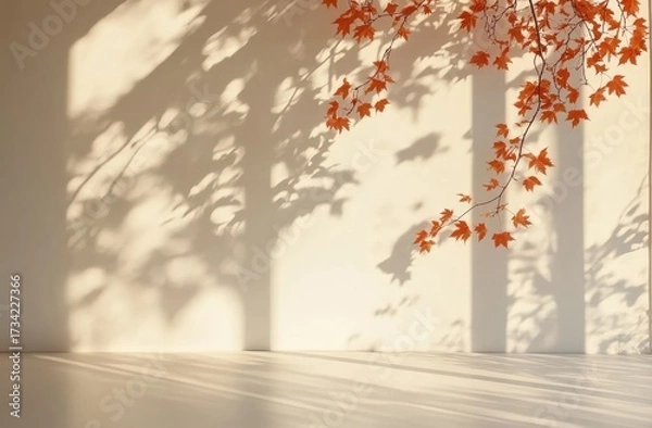 Fototapeta A serene interior scene showcasing shadows of a branch with vibrant orange leaves against a softly lit wall.