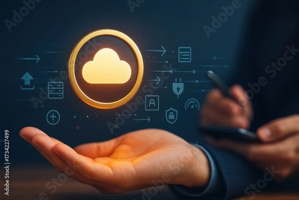 Fototapeta Human hand outstretched, holding a glowing cloud icon, suggesting cloud computing concepts with digital icons floating nearby, emphasizing data and security themes in a futuristic and technological...