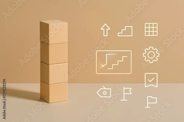 Fototapeta Stacked wooden blocks represent progress, with associated icons illustrating steps, goals, and achievements on a neutral background, showcasing a conceptual visualization of growth and development,...