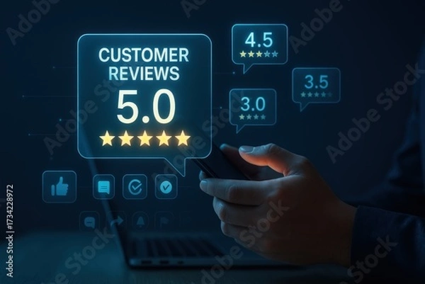 Fototapeta Digital interface shows a glowing 5.0 customer review score with a speech bubble overlay, surrounded by additional feedback ratings, and the person is interacting with a smart phone.