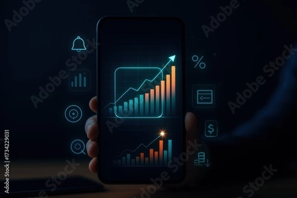Fototapeta The image depicts a hand holding a smartphone displaying financial data, with an upward-trending chart illuminating the screen against a dark background with other glowing interface icons.