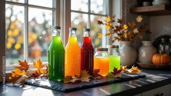 Fototapeta Halloween party drink station featuring colorful juice bottles lined up on black tray, autumn leaves scattered. Concept of festive beverage bar in cozy kitchen.$