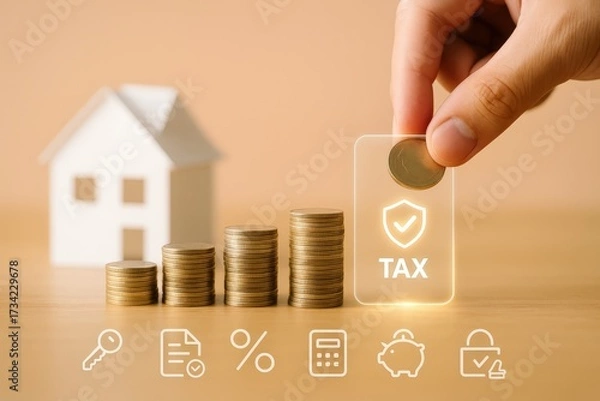 Fototapeta Image showcases financial planning, illustrating home ownership, investment growth, and taxation, with a hand placing a coin beside a "TAX" icon; stacks of coins represent increasing savings...