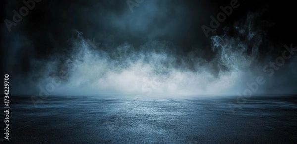Fototapeta A dark, misty scene with soft fog enveloping a reflective surface, creating a mysterious and atmospheric ambiance.