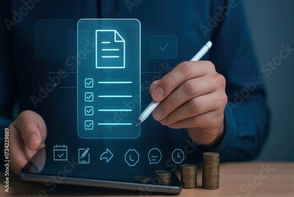 Fototapeta Person's hand using a stylus to interact with digital document on a tablet, a concept depicting financial planning, business operations, and the modern use of technology with digital icons, and...
