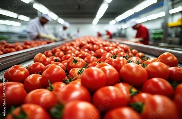 Fototapeta A vibrant array of fresh tomatoes on a production line, with workers in the background preparing them for packaging.