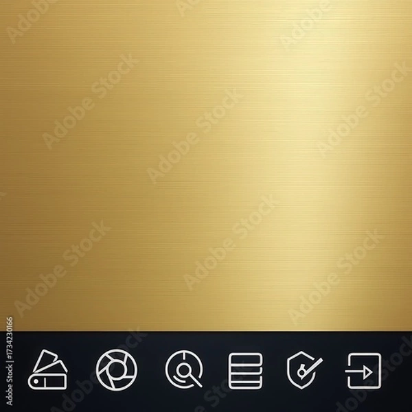 Fototapeta Metallic golden surface with a subtle textural appearance, the image features a blurred gradient from darker to lighter gold, complemented by simple white icons in a black strip.