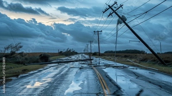 Fototapeta Fallen power lines on flooded road, storm damage, dramatic cloudy background.