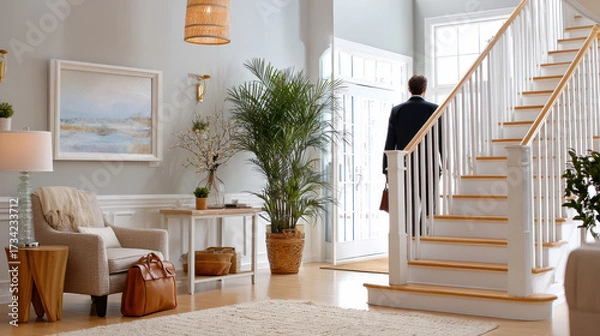Fototapeta Stylish modern foyer with a professional man ascending stairs, surrounded by elegant decor and greenery