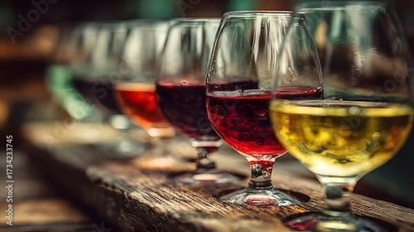 Obraz Professional wine tasting setup is displayed. A long row of crystal glasses filled with different shades of red wine sits on a rustic wooden bar top.