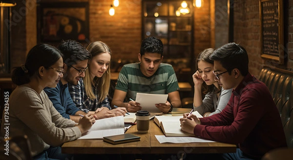 Fototapeta Around a wooden table in a cozy, brick-walled room, six young individuals dive into a collaborative study session