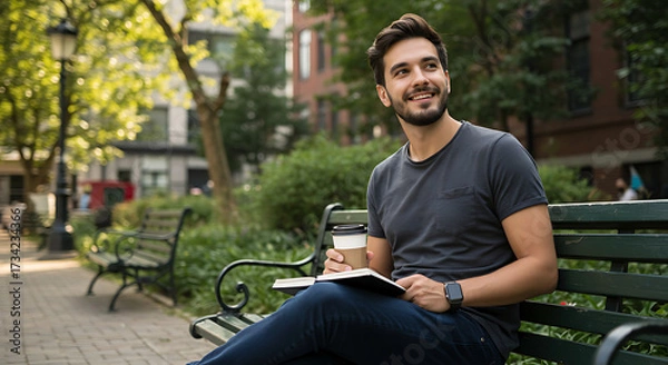 Fototapeta Seated on a green park bench with a coffee in hand and a notebook in the other, a casually dressed individual smiles into the distance