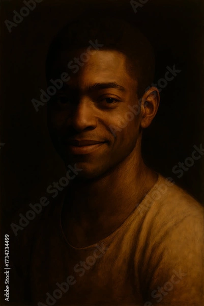 Fototapeta Bathed in soft light against a dark backdrop, a person in a light brown shirt offers a gentle smile—capturing a quiet moment of warmth, introspection, and human presence through a strikingly realistic