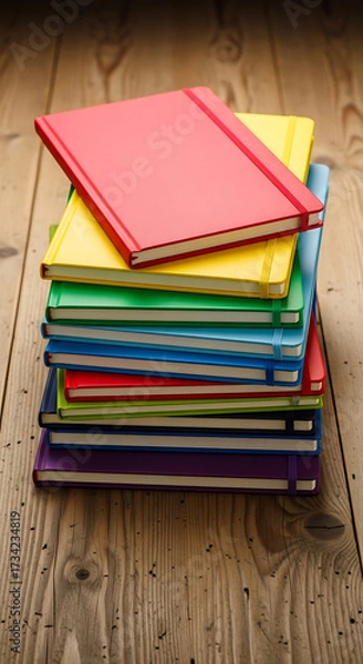 Fototapeta A vibrant stack of colorful notebooks rests neatly on a wooden surface, each with matching elastic bands and white spine labels—celebrating organization, creativity, and the joy of learning.