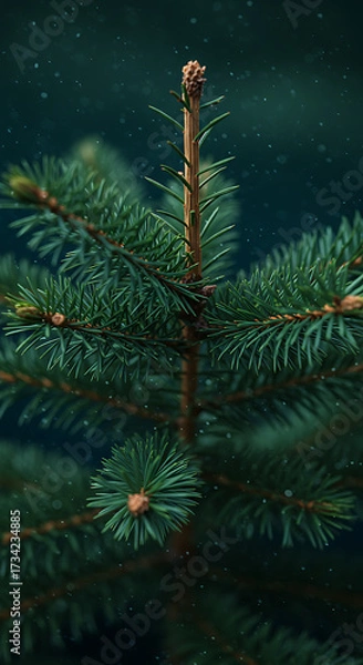Fototapeta A close-up of a young evergreen tree reveals its vibrant green needles and symmetrical branches, highlighted against a dark, blurred background—showcasing nature’s quiet elegance and botanical precisi