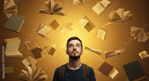 Fototapeta A young person gazes upward with wonder as open books float around them in a golden glow, symbolizing the power of curiosity and the limitless journey of learning.