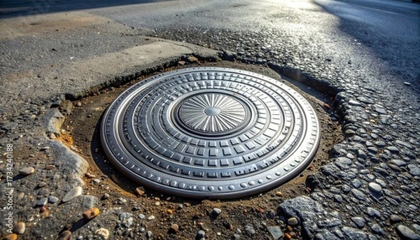 Fototapeta Circular metal drain cover with radial grid embedded in asphalt, weeds sprouting nearby—symbolizing containment, emergence, and the urban choreography of flow and resistance.