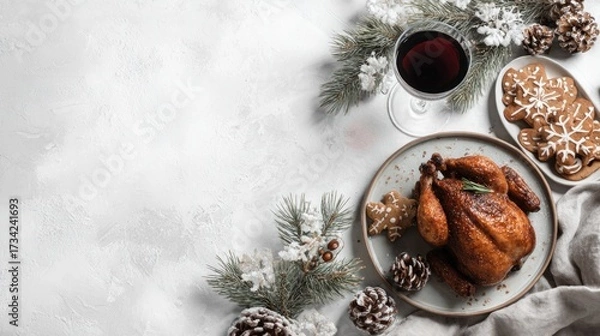 Fototapeta Minimal Christmas food background, clean white backdrop, simple holiday table, small roasted chicken, neatly arranged gingerbread cookies, glass of red wine, subtle pine branches, modern flat lay.