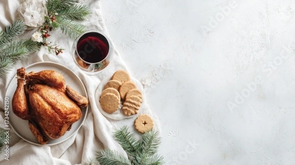 Fototapeta Minimal Christmas food background, clean white backdrop, simple holiday table, small roasted chicken, neatly arranged gingerbread cookies, glass of red wine, subtle pine branches, modern flat lay.