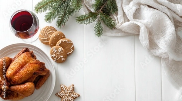 Fototapeta Minimal Christmas food background, clean white backdrop, simple holiday table, small roasted chicken, neatly arranged gingerbread cookies, glass of red wine, subtle pine branches, modern flat lay.
